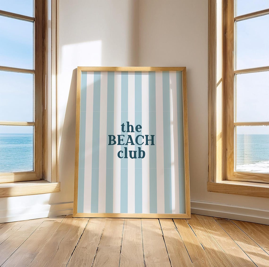 Blue Striped Beach Club Coastal Typography Summer Wall Poster