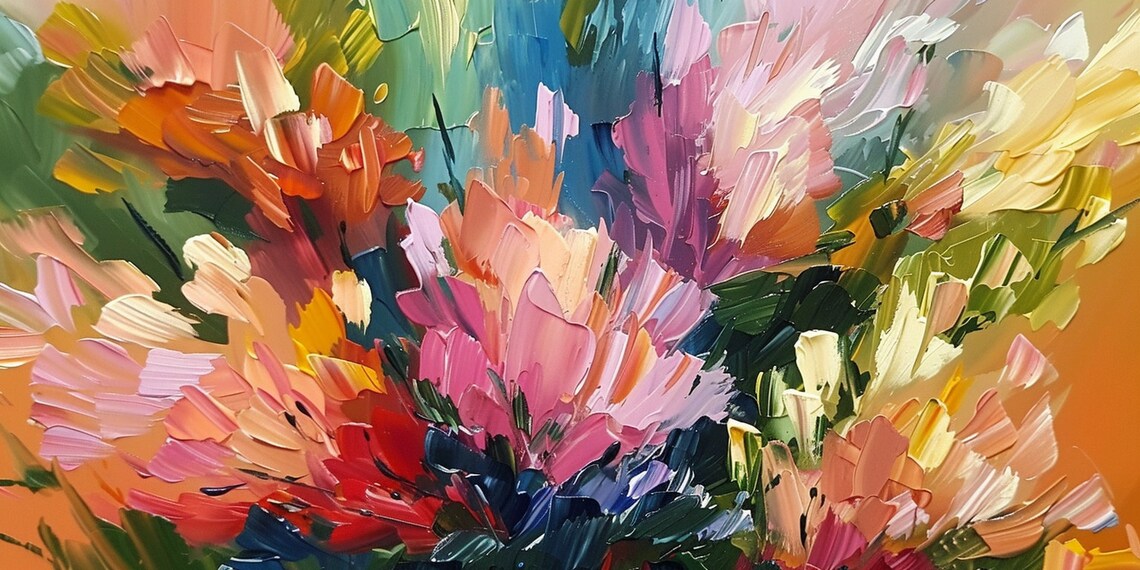 Abstract Colorful Flower Bouquet Impasto Pink Orange Blue Wall Art - Image 4