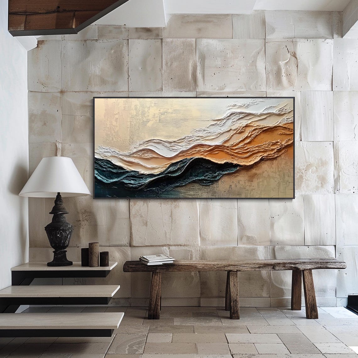 Layered Ocean Waves Beige Gold Teal Textured Abstract Wall Art - Image 3