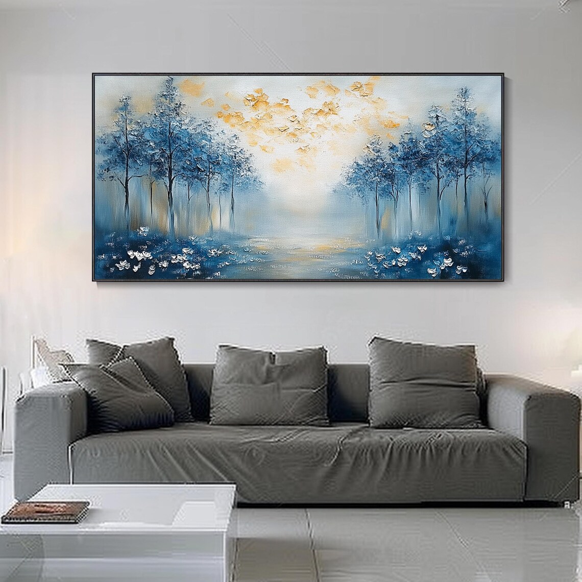 Abstract Landscape Oil Painting, Blue Woods Hazy View - Image 4