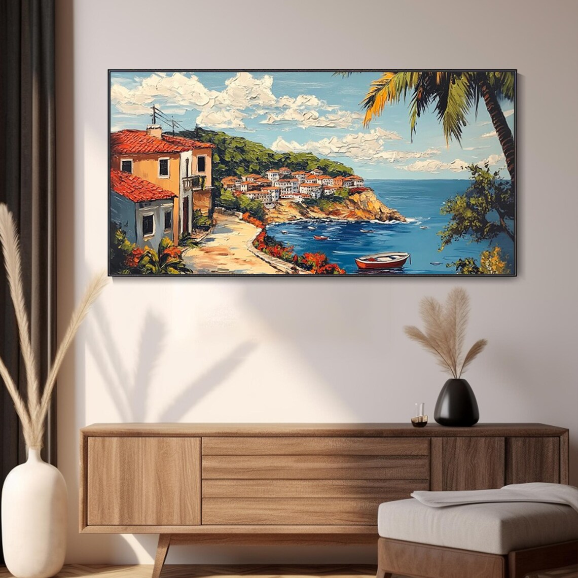 Mediterranean Coastal Village Cliff Terracotta Roofs Boats Textured Travel Poster - Image 2