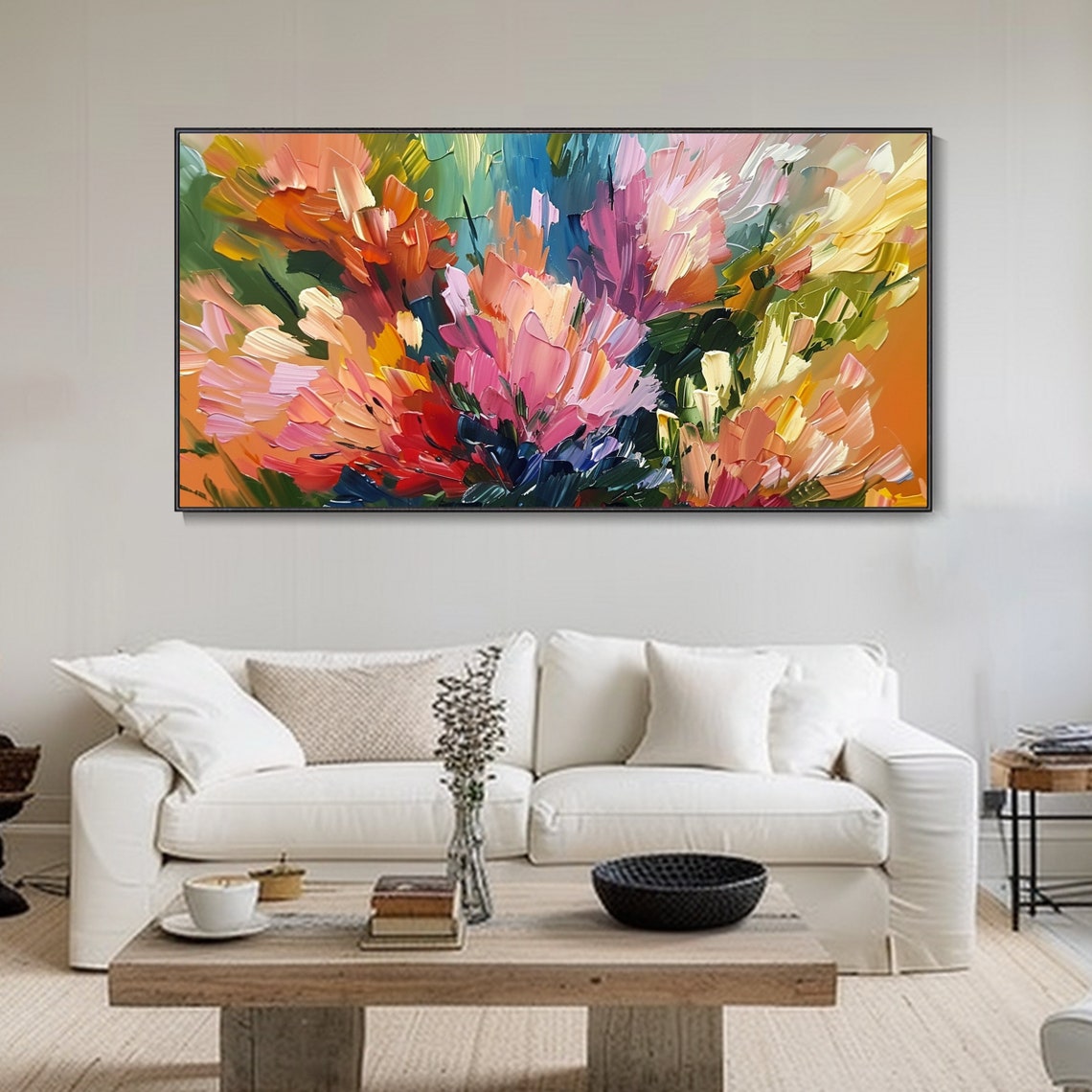 Abstract Colorful Flower Bouquet Impasto Pink Orange Blue Wall Art - Image 2