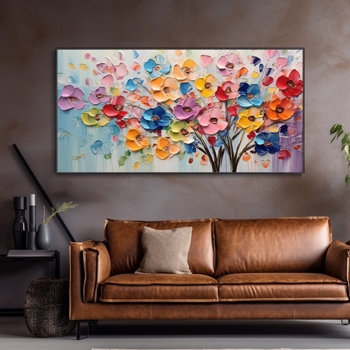 Rainbow Floral Bouquet Impasto Colorful Flowers Pale Blue Wall Art - Image 2