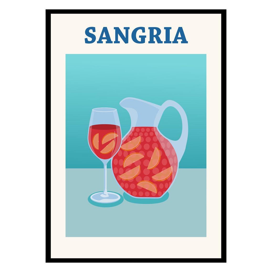 Retro Sangria Pitcher Kitchen Wall Poster Bold Orange Blue Drink