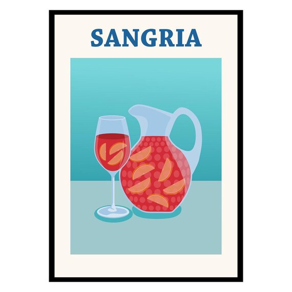 Retro Sangria Pitcher Kitchen Wall Poster Bold Orange Blue Drink