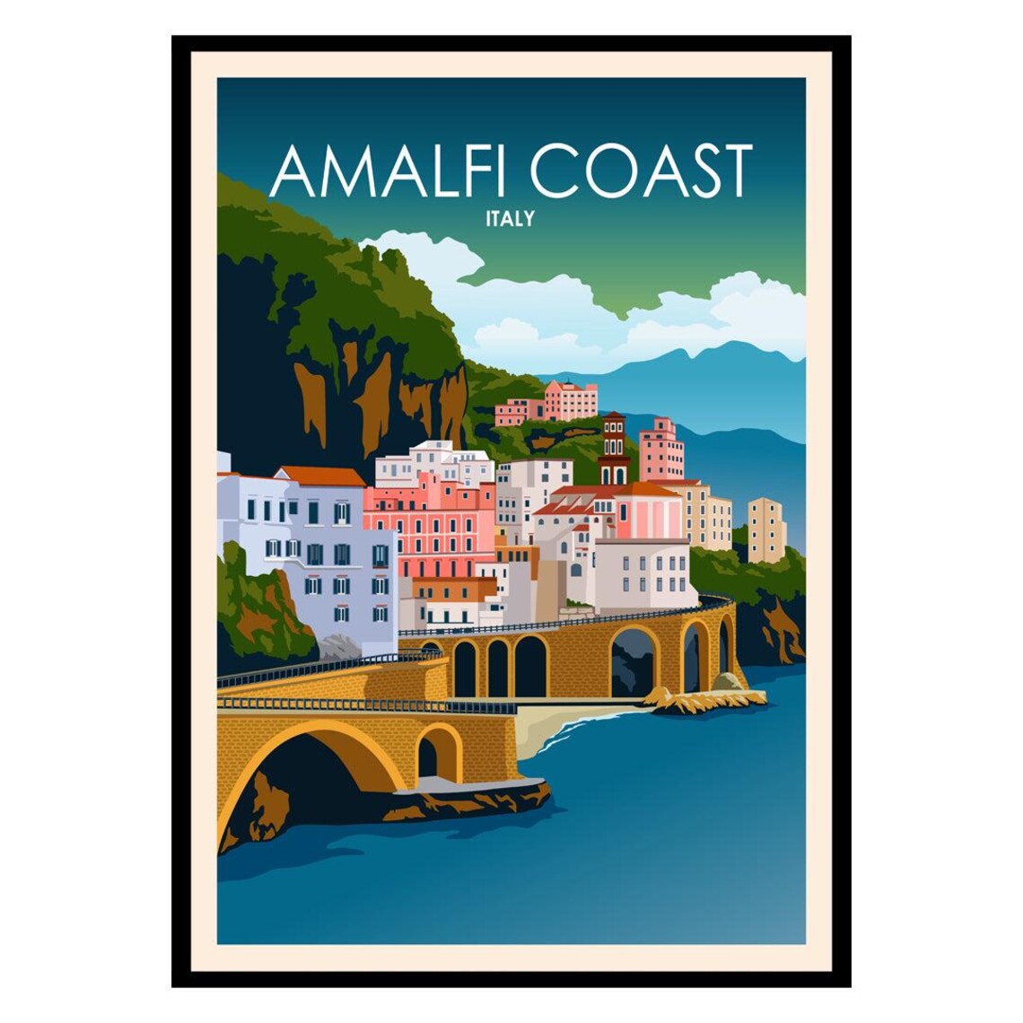Amalfi Coast Italy Cliffside Village Seaside Vintage Travel Poster