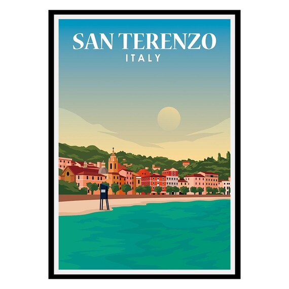 San Terenzo Italy Vintage Travel Poster Coastal Town Sunset Seaside View