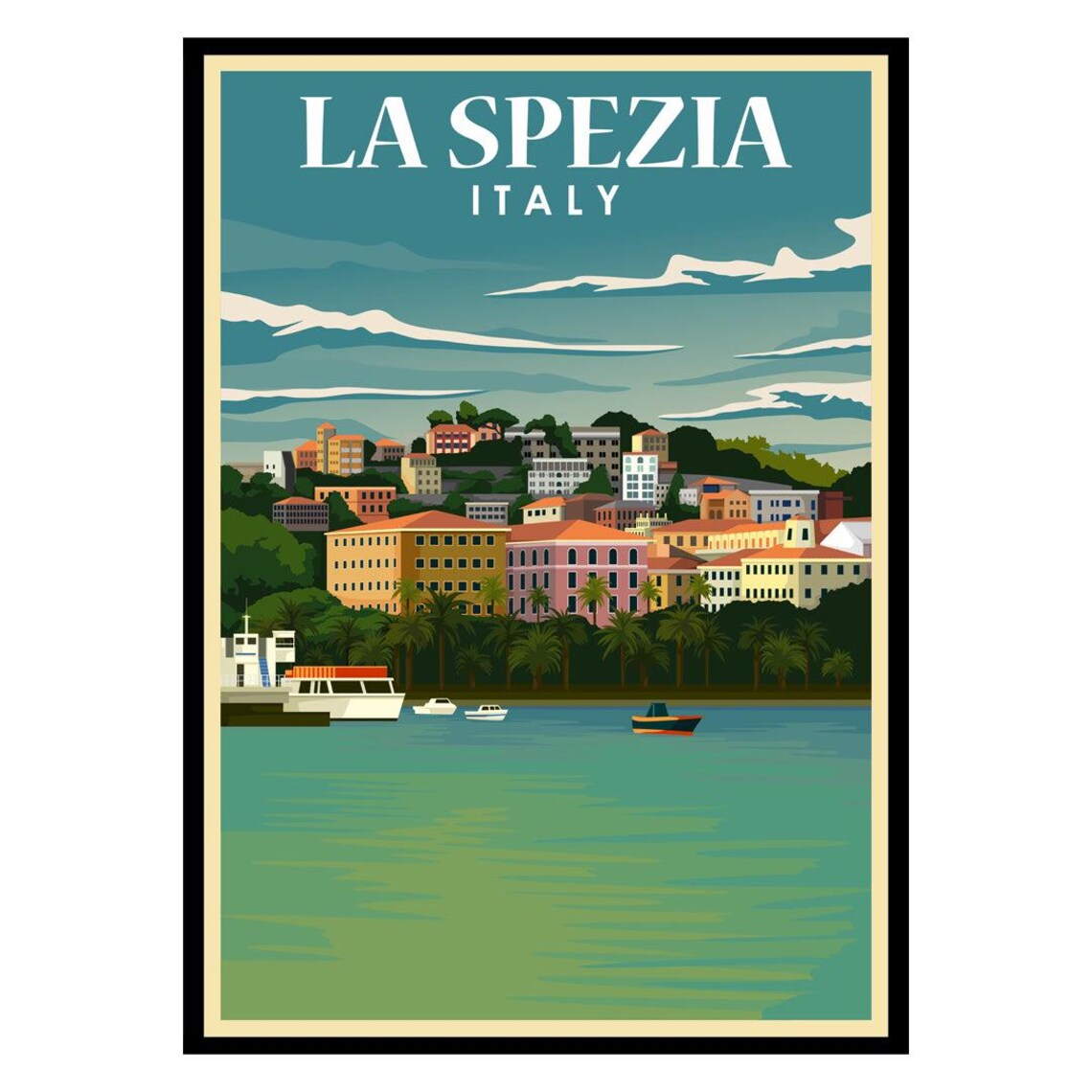 La Spezia Italy Harbor Retro Vintage Travel Poster with Boats