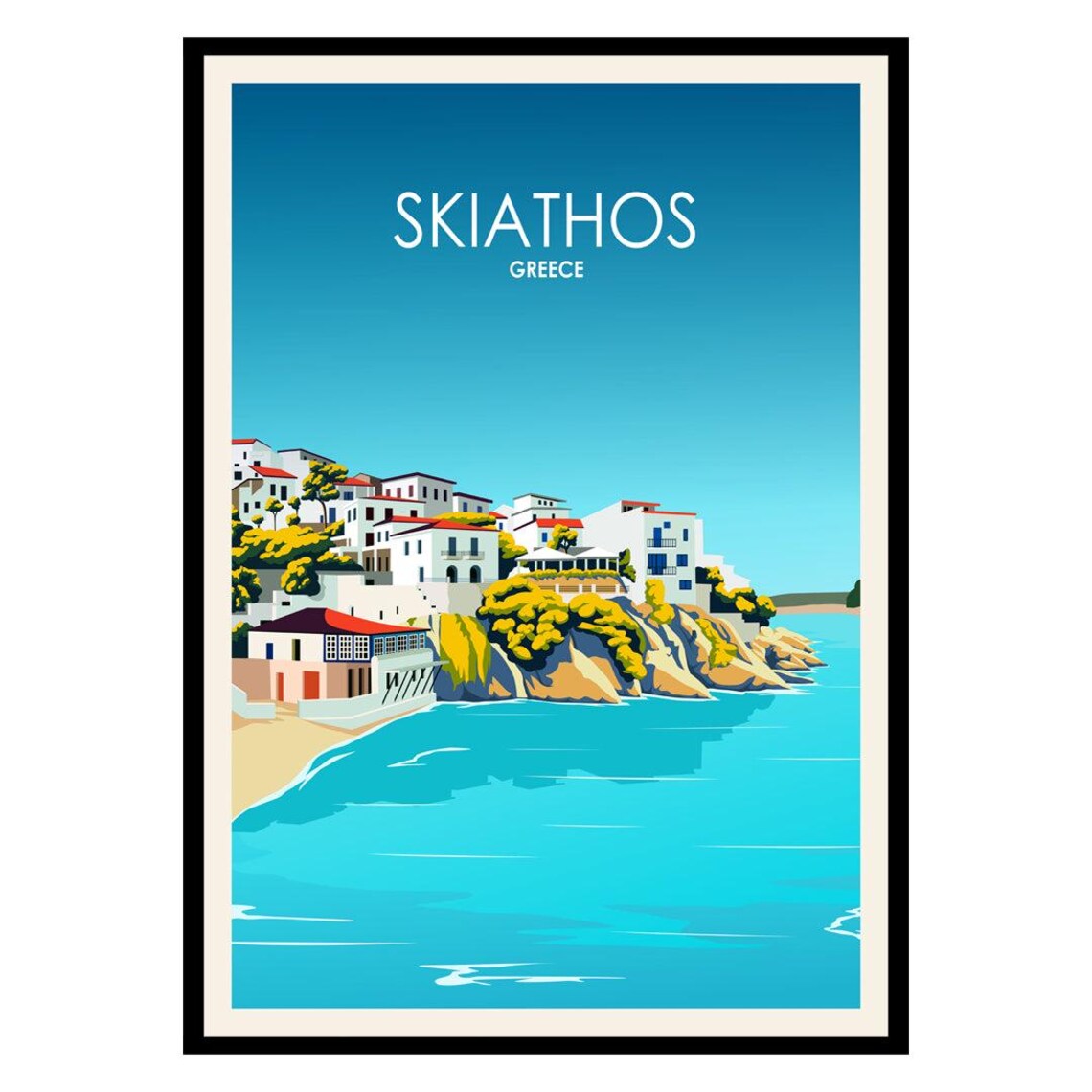 Skiathos Greece Coastal Town White Houses Beach Vintage Travel Poster