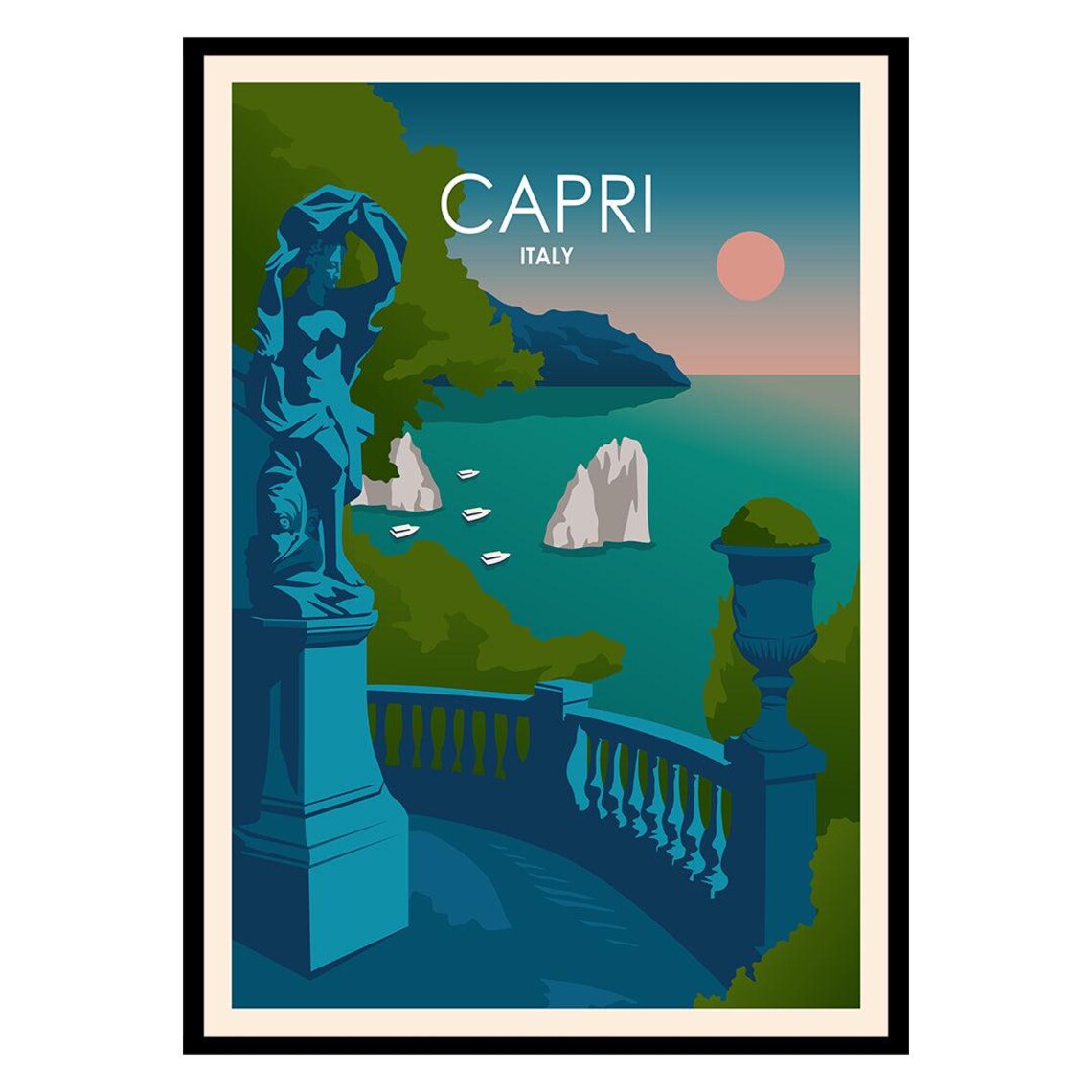 Capri Italy Faraglioni Sunset Statue View Vintage Travel Poster