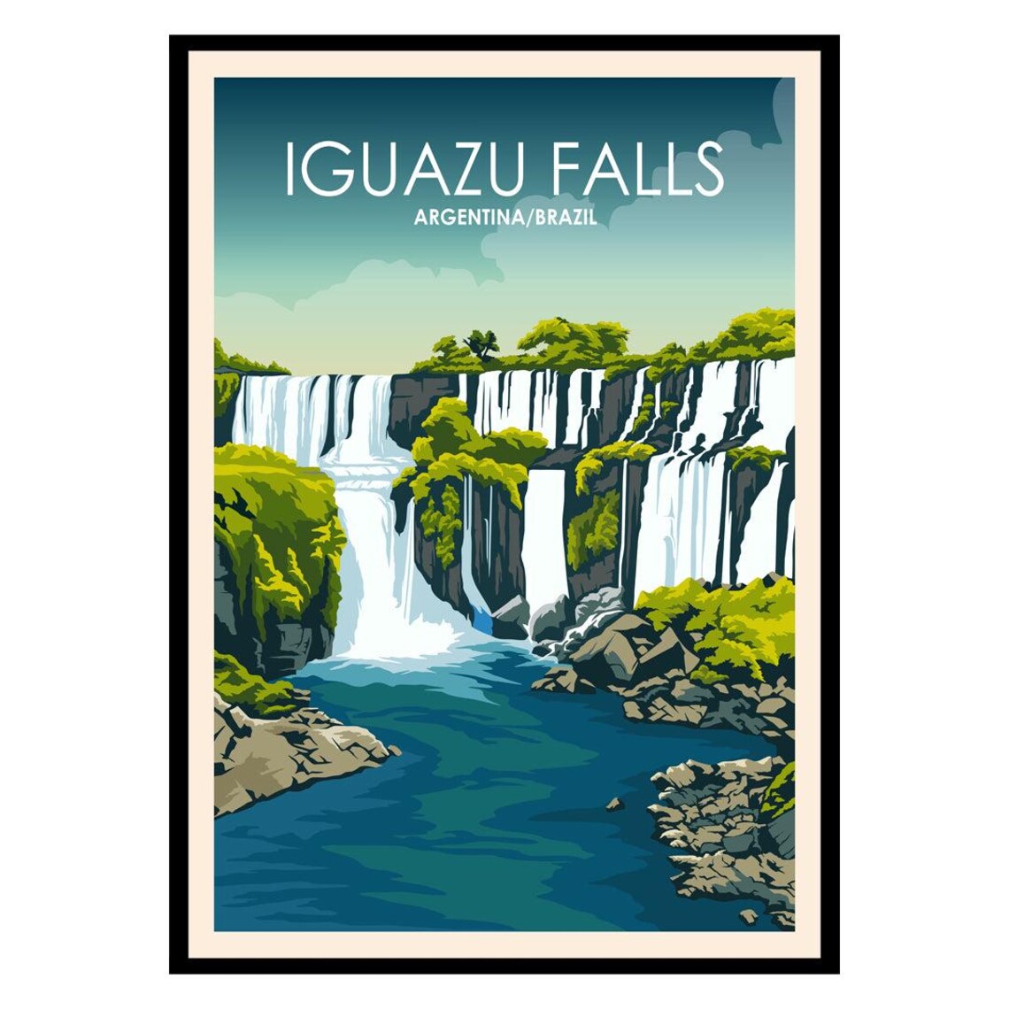 Iguazu Falls Argentina Brazil Vintage Travel Illustration Poster