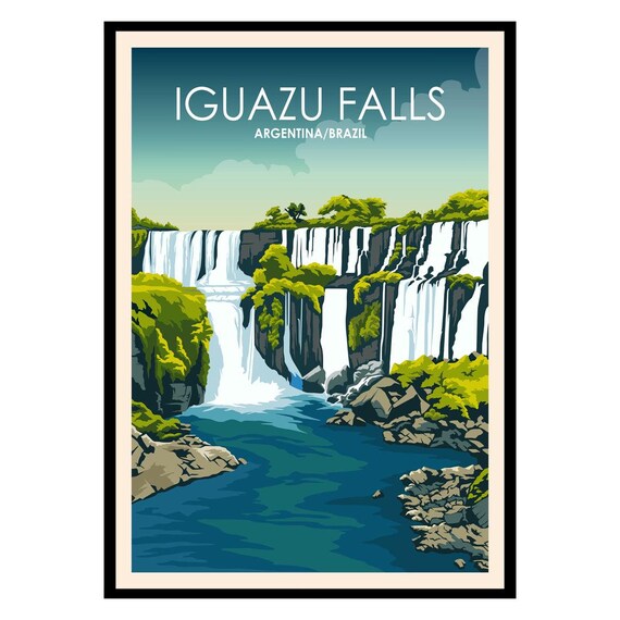 Iguazu Falls Argentina Brazil Vintage Travel Illustration Poster