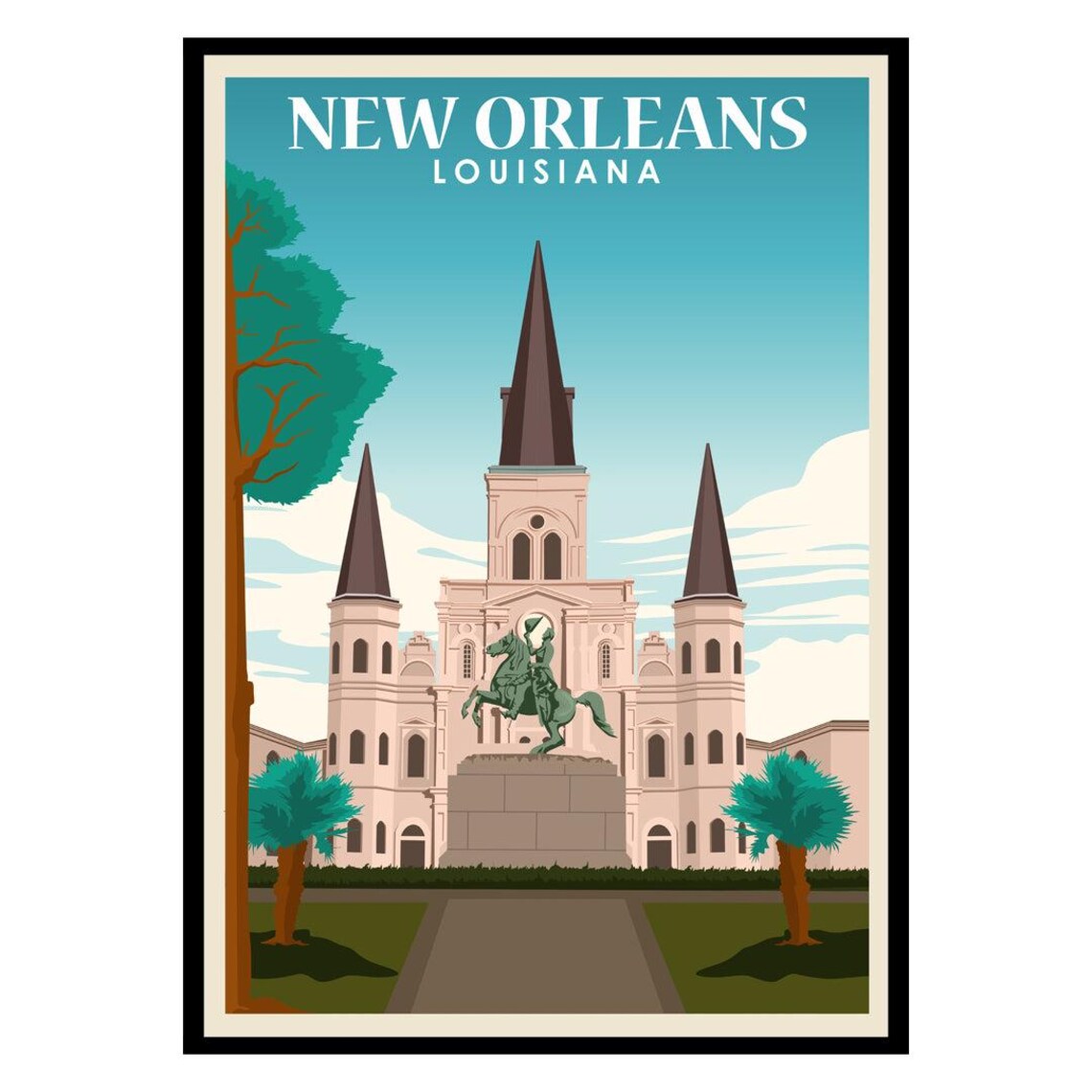 New Orleans Louisiana Cathedral Horse Statue Vintage Travel Poster