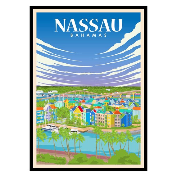 Nassau Bahamas Colorful Harbor Caribbean Island Vintage Travel Scene Poster