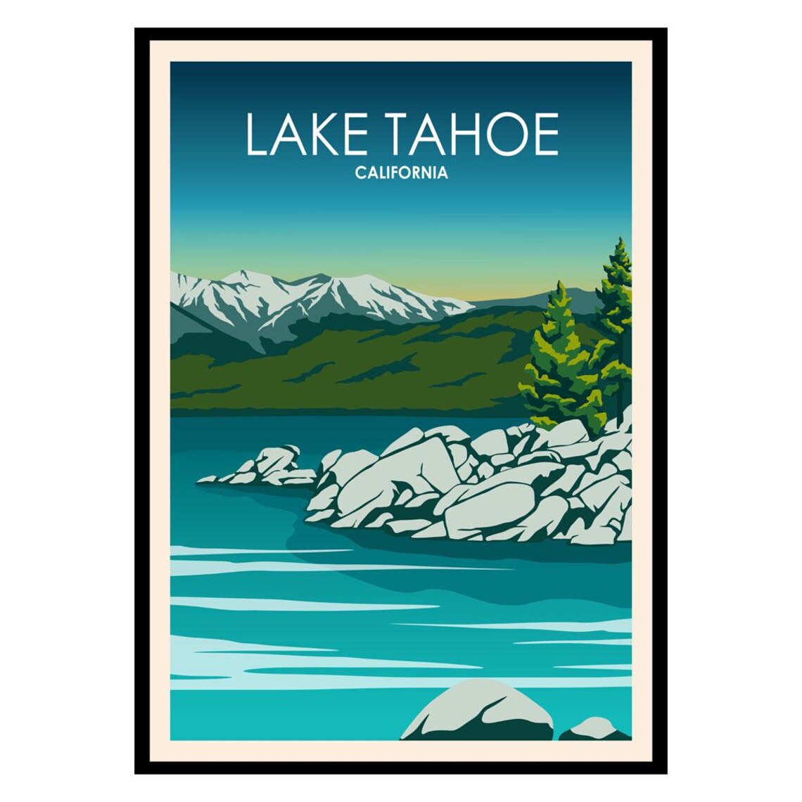 Lake Tahoe California Snowy Peaks Rocky Shore Vintage Travel Poster
