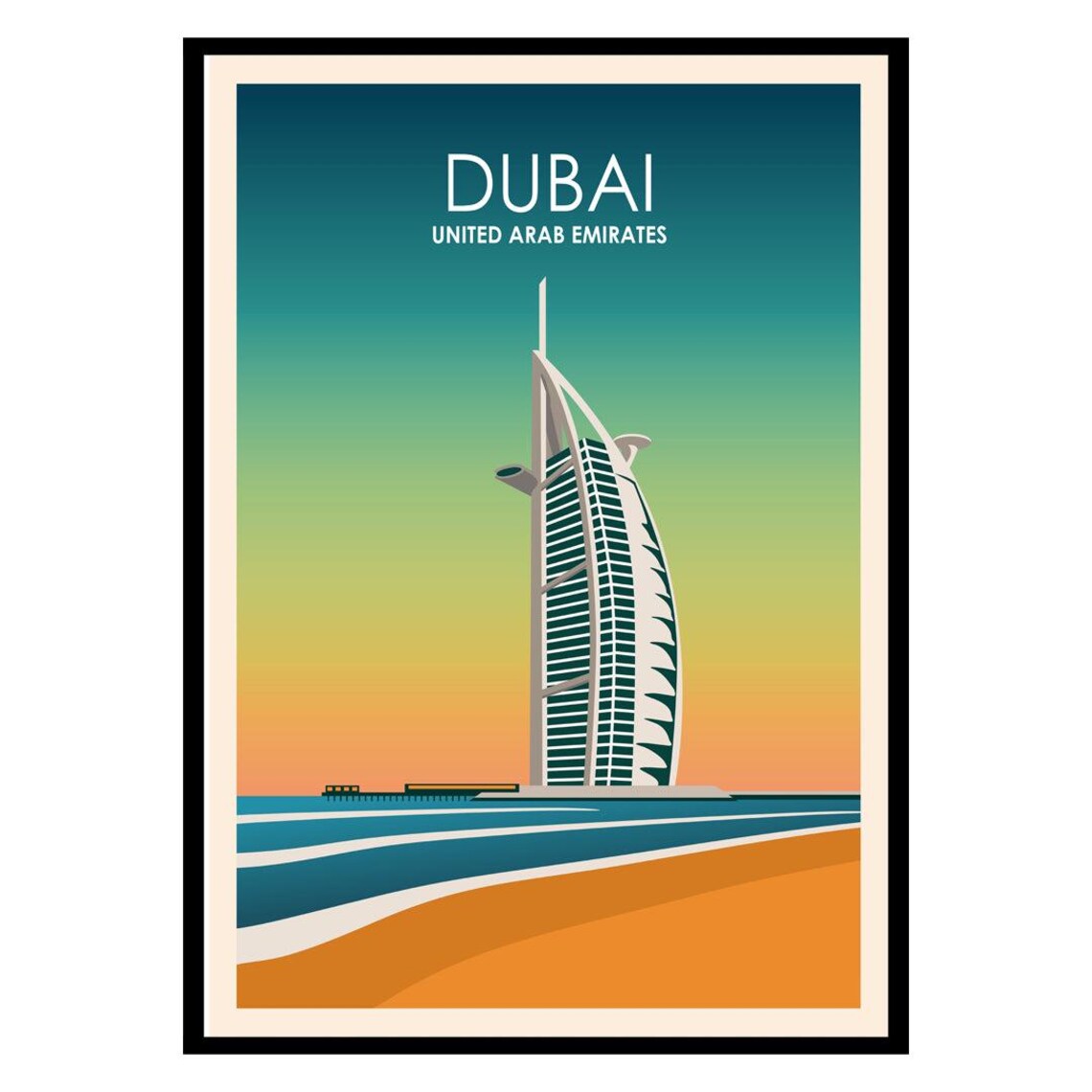 Dubai United Arab Emirates Travel Poster Burj Al Arab Skyline Art
