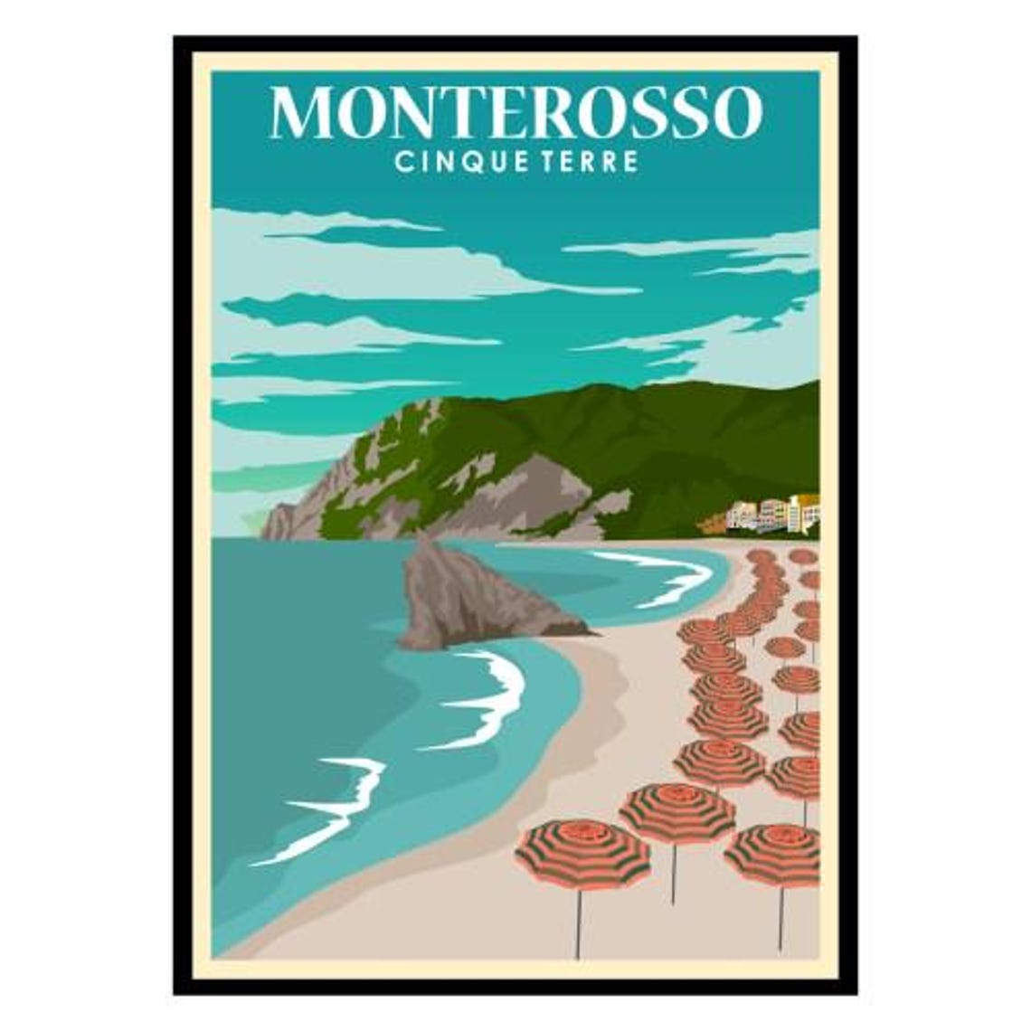 Monterosso Cinque Terre Beach Umbrellas Vintage Travel Poster