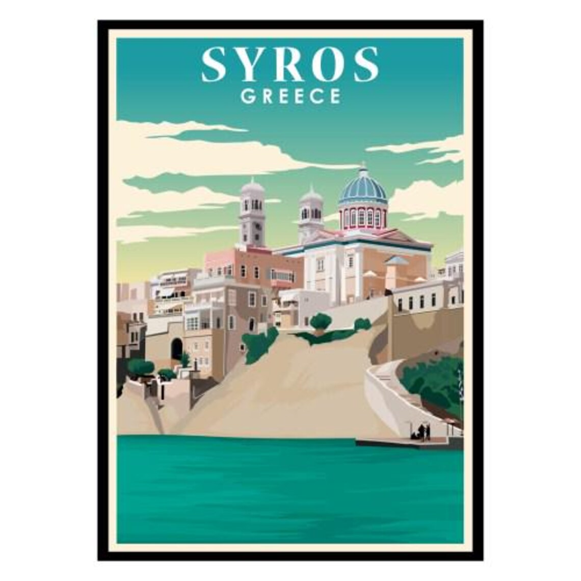 Syros Greece Vintage Travel Island Church Seaside Town Poster
