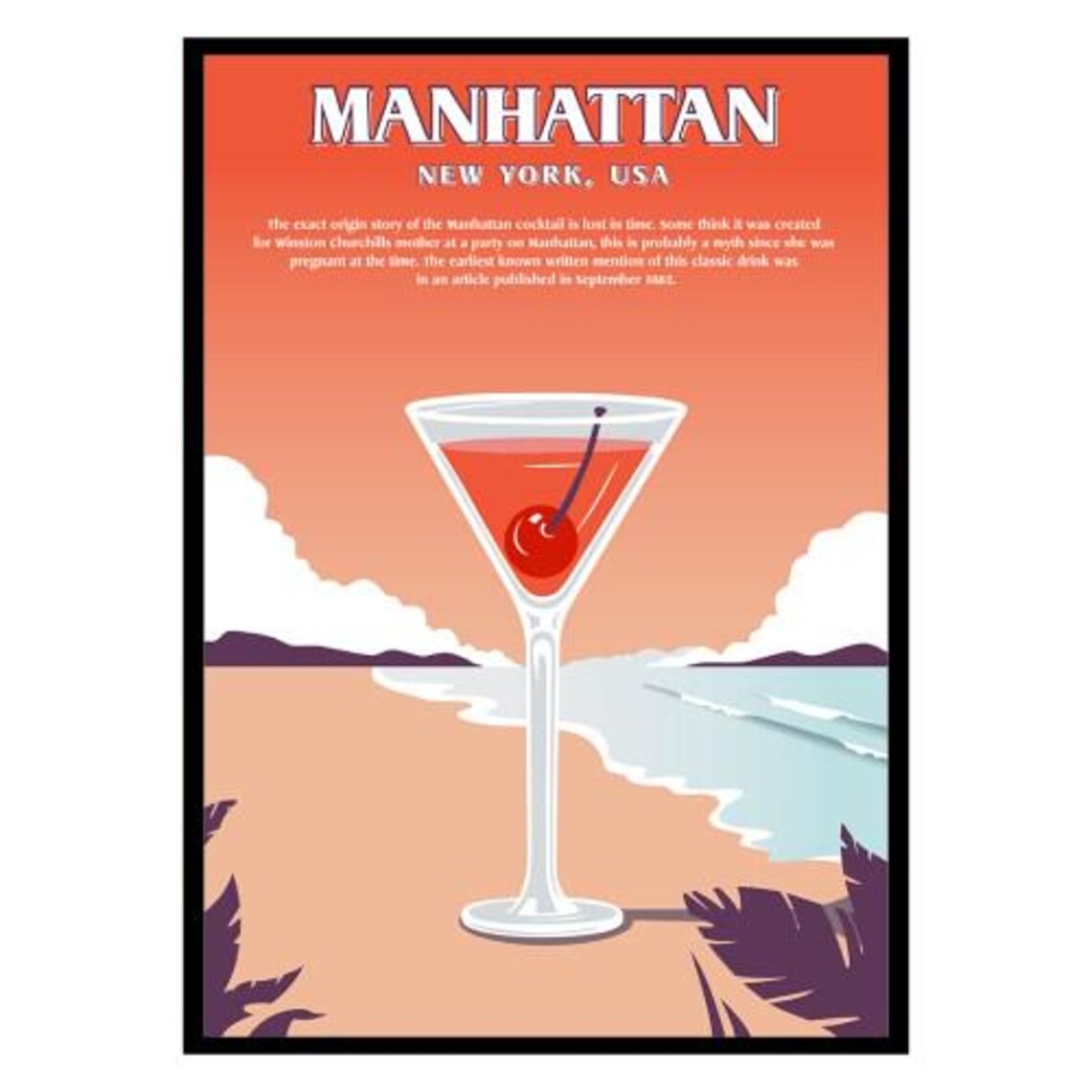 Manhattan Cocktail New York Vintage Travel Poster Beach Martini Art