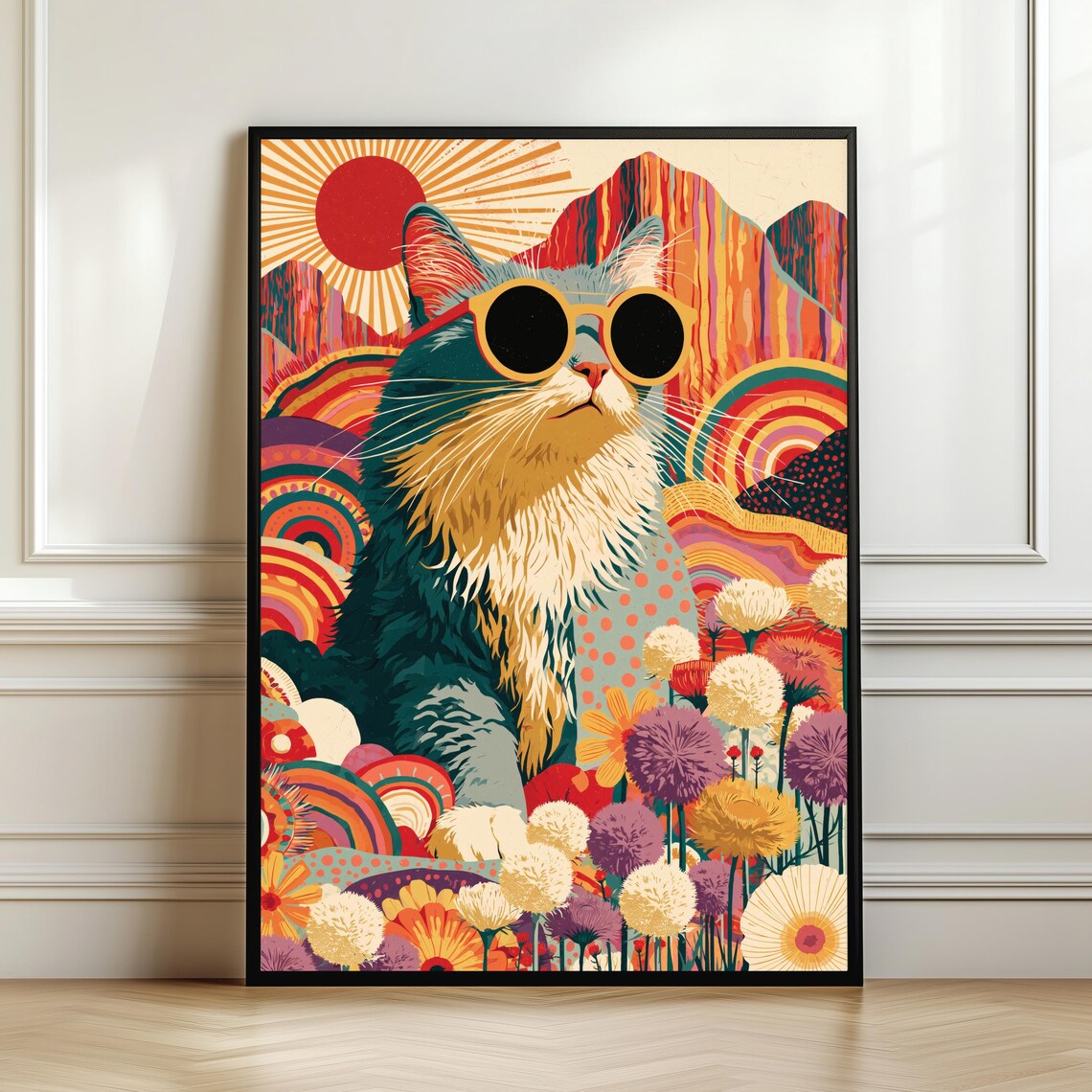 Retro Cat Colorful Print With Sunglasses Wall Art Statement Decor Psychedelic Poster Lover Gift Digital Download