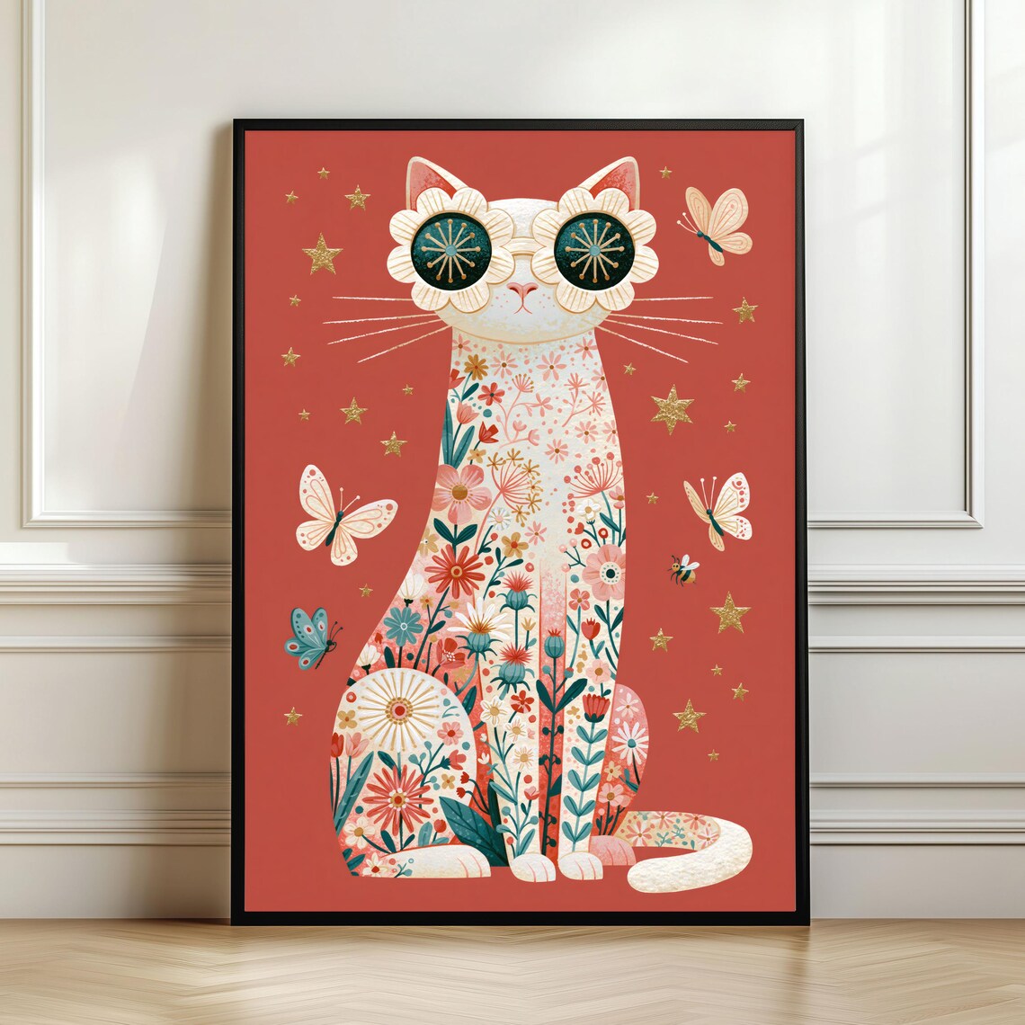 Cute Cat Art Print, Whimsical Floral Botanical Decor
