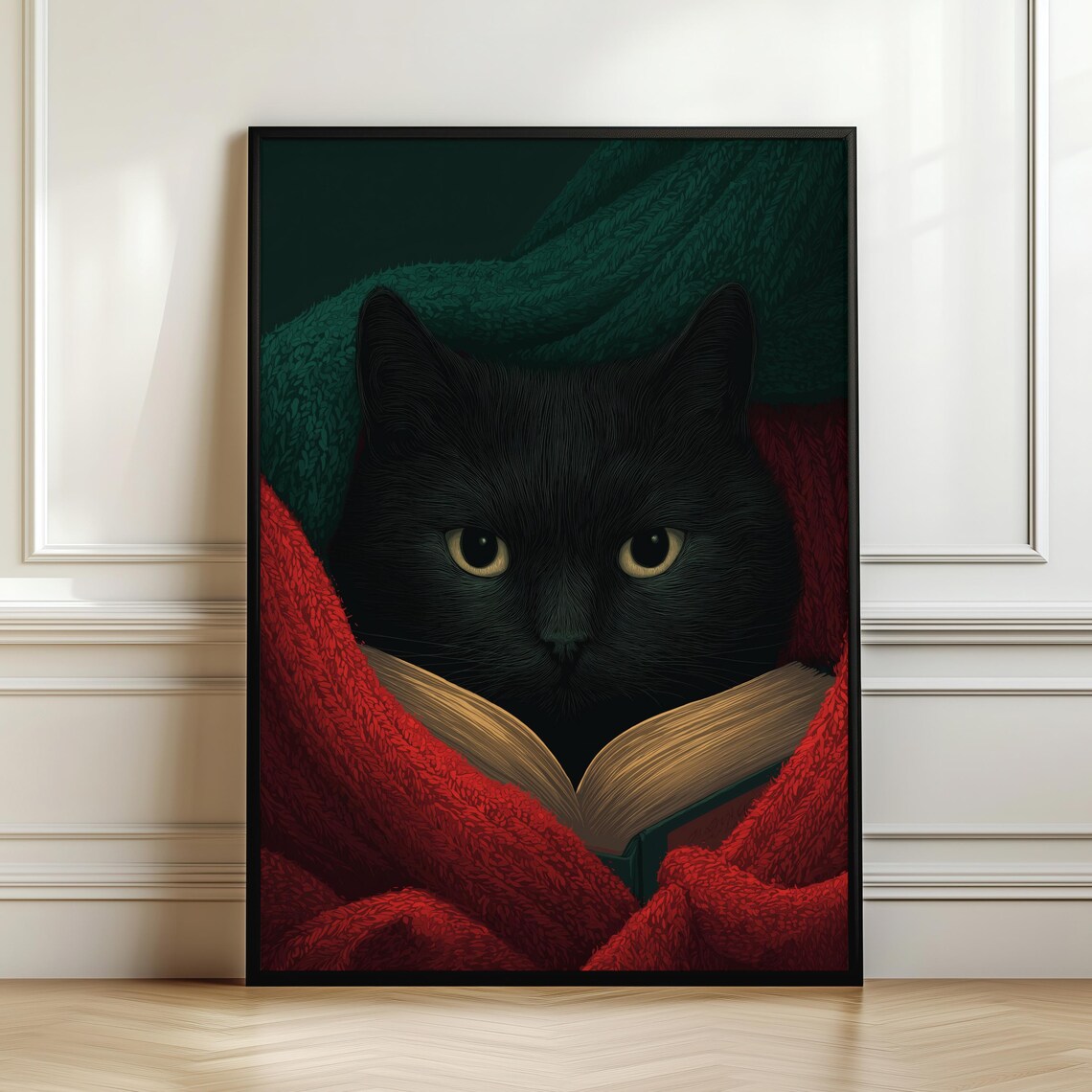 Cozy Black Cat Reading a Book Wrapped in Blankets Art Poster