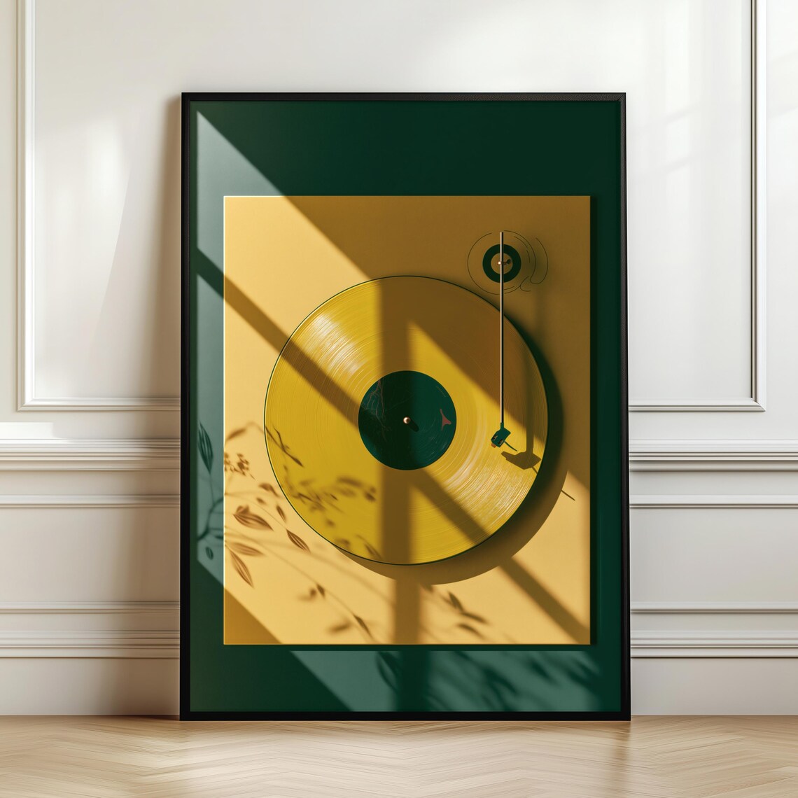 Golden Vinyl Record Wall Art, Botanical Shadow Poster