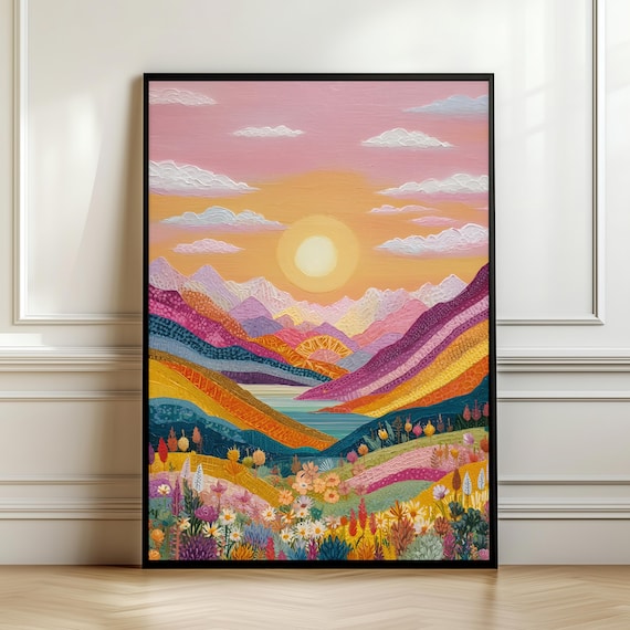 Colorful Sunset Mountain Lake Poster Wildflower Meadow Vibrant Spring Art