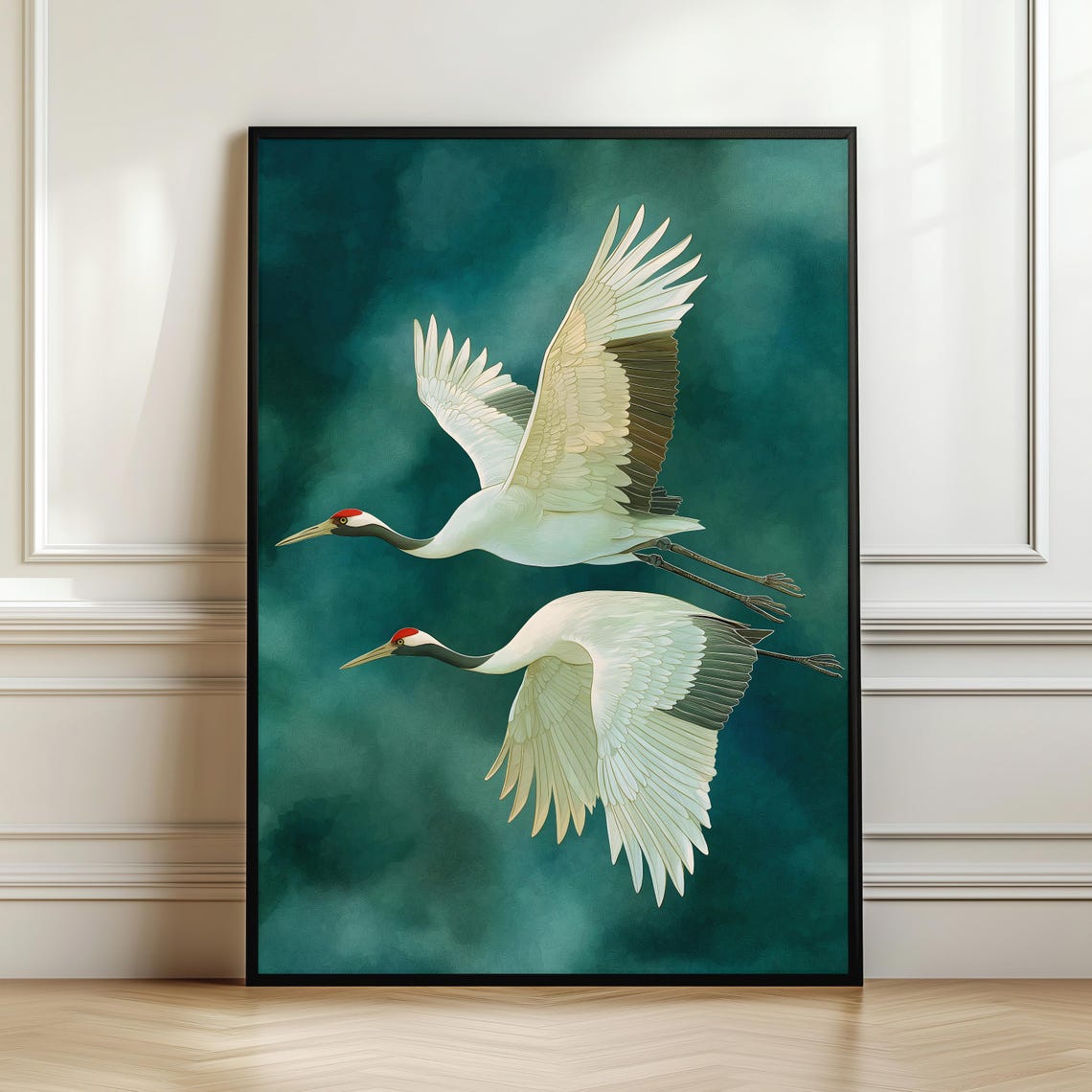 Two Flying Red Crowned Cranes Japanese Teal Watercolor Poster