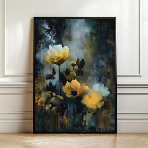 Dark Moody Floral Wall Art Print Dramatic Abstract Flower Painting Midnight Botanical Decor Elegant Black Gold Artwork Digital Download