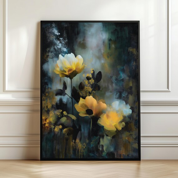 Moody Yellow Wildflowers Dark Teal Background Abstract Floral Poster