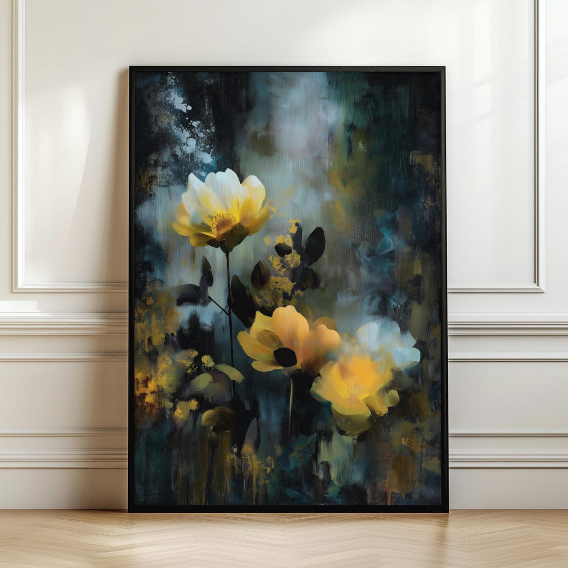 Moody Yellow Wildflowers Dark Teal Background Abstract Floral Poster