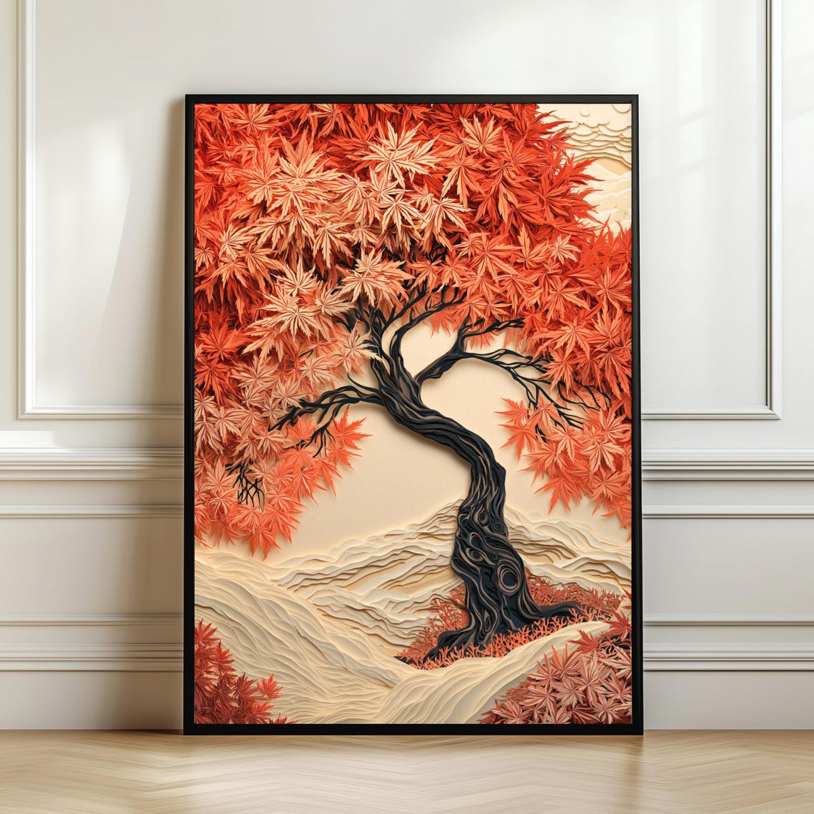 Japanese Maple Tree Paper Cut Autumn Landscape Orange Leaves Poster