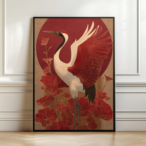 Japanese Red Crane Wall Art Sun Bird Poster Aesthetic Print Moody Luxury Decor Statement Gift Digital Download