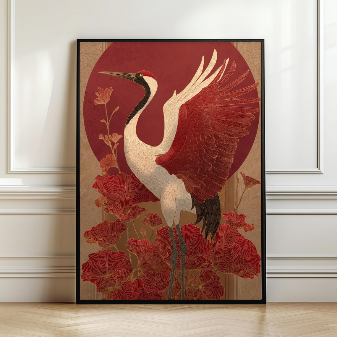Japanese Red Crane Sun Bird Red Floral Elegant Luxury Asian Art Poster