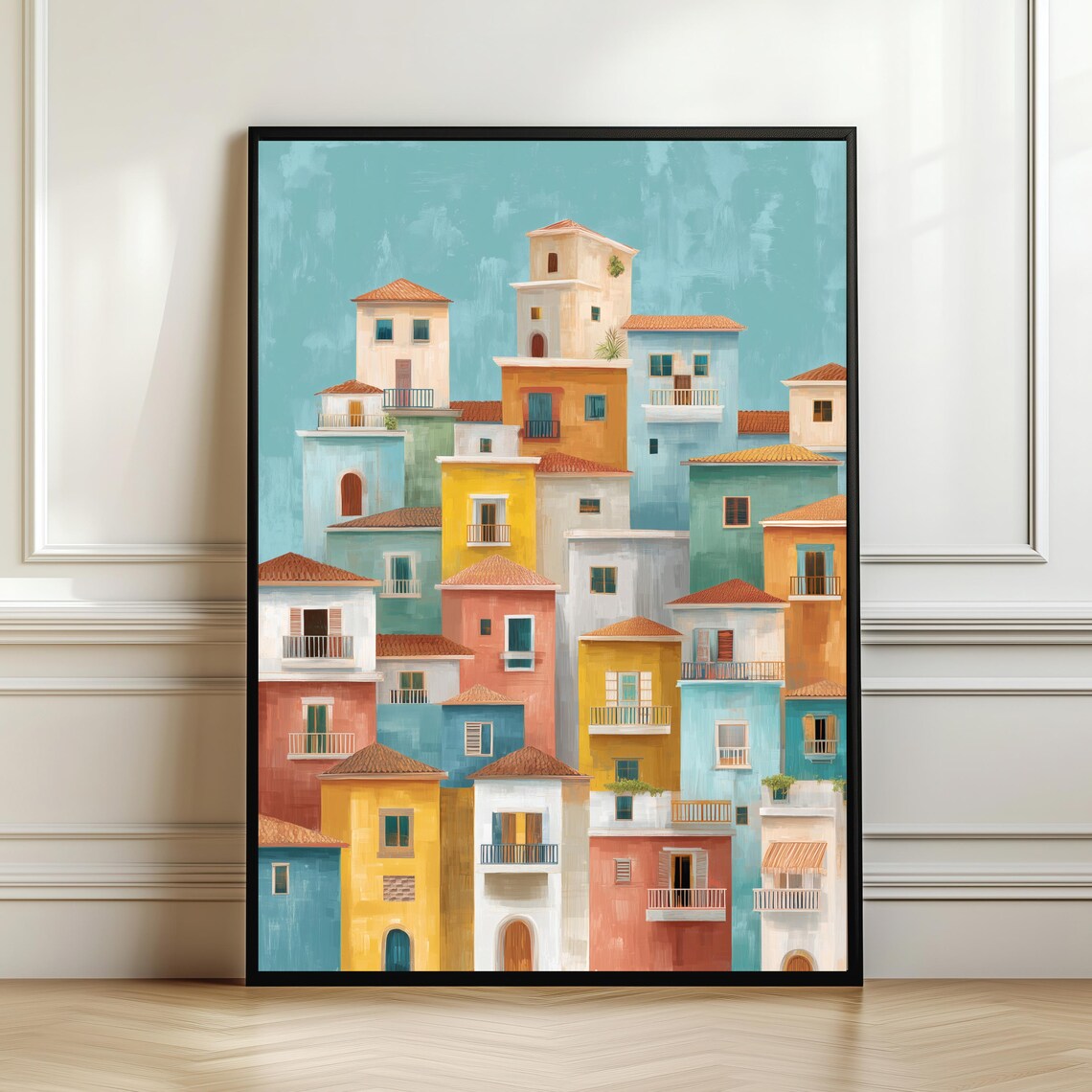 Mediterranean Coastal Town Colorful Abstract Pastel Architecture Wall Art