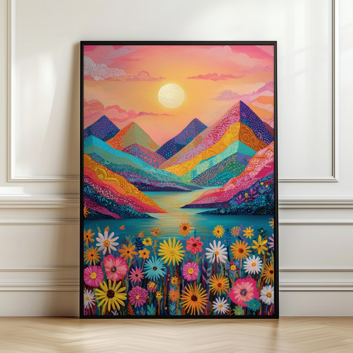 Colorful Abstract Mountain Sunset Lake Floral Patterned Meadow Wall Art