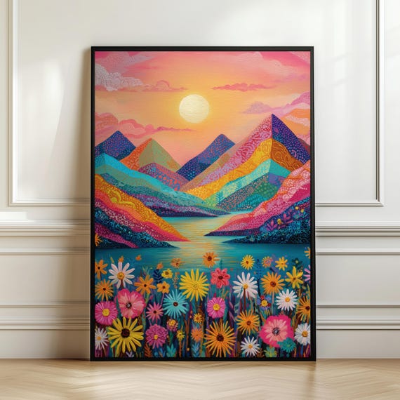 Golden Sunset Mountain Meadow Wall Art Colorful Abstract Landscape Vibrant Floral Field Print Impressionist Decor Digital Download