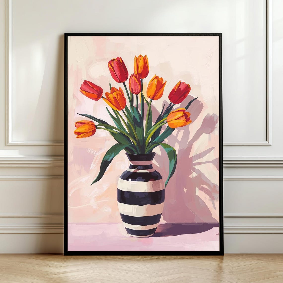 Tulip Bouquet Striped Vase Poster Vibrant Floral Still Life Artwork