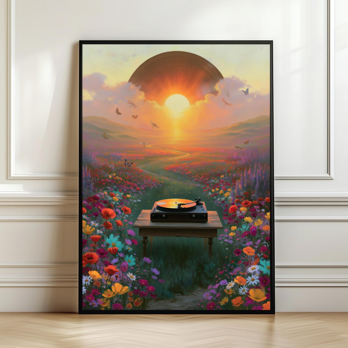 Vinyl Record Sunset Wildflower Landscape, Retro Decor