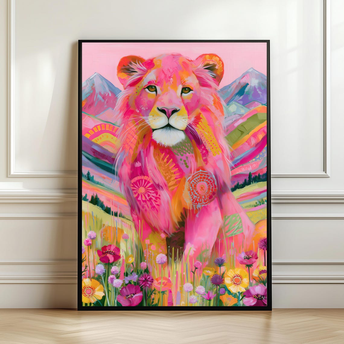 Vibrant Pink Lion With Wildflowers Boho Jungle Animal Art Poster