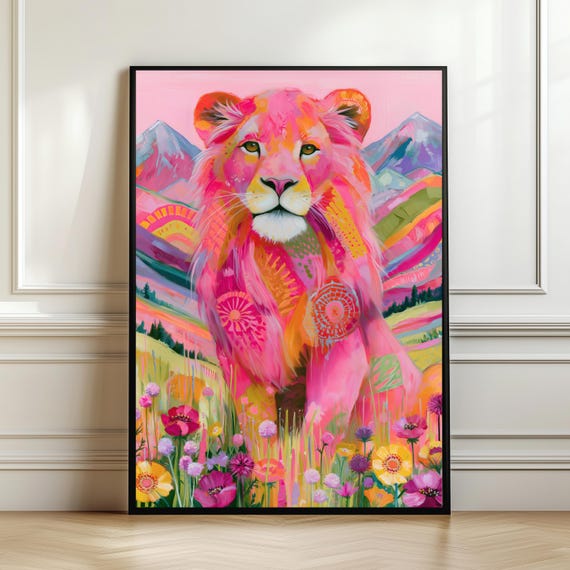 Vibrant Lion Wall Art Colorful Abstract Painting Floral Mountain Landscape Boho Maximalist Decor Lover Gift Digital Download
