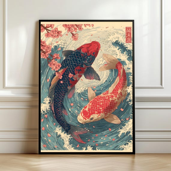Antique Japanese Koi Fish Print Vintage Ukiyoe Style Wall Art Retro Asian Wave Illustration Traditional Gift Digital Download