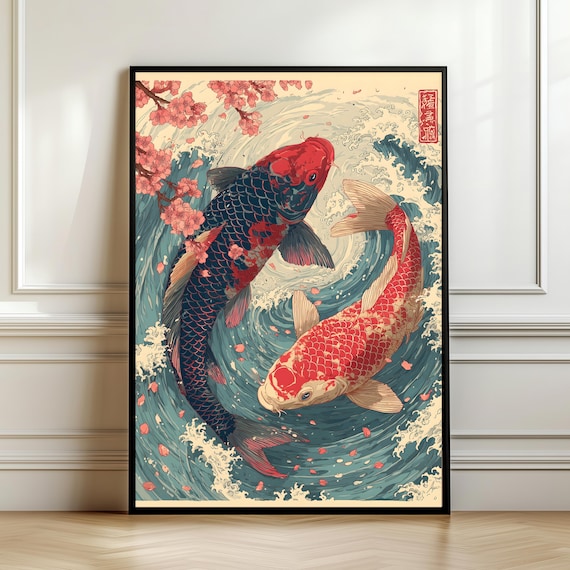 Japanese Koi Fish Ukiyoe Cherry Blossom Waves Vintage Poster