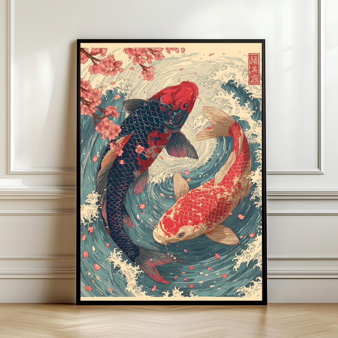 Japanese Koi Fish Ukiyoe Cherry Blossom Waves Vintage Poster