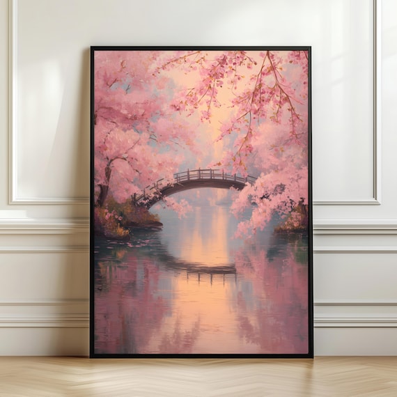 Cherry Blossom Bridge Wall Art Japanese Sakura Landscape Print Pink Spring Lake Poster Zen Nature Decor Gift Digital Download