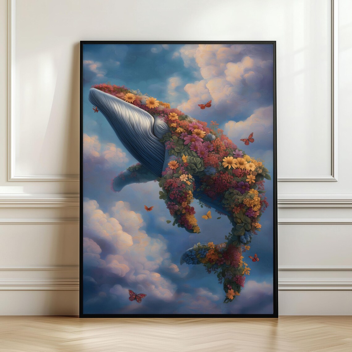 Floral Whale Dreamy Sky Clouds Butterflies Fantasy Art Poster