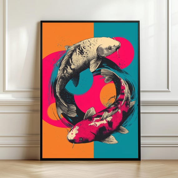 Pop Art Koi Fish Poster Bold Yin Yang Wall Vibrant Japanese Inspired Print Colorful Modern Graphic Digital Download