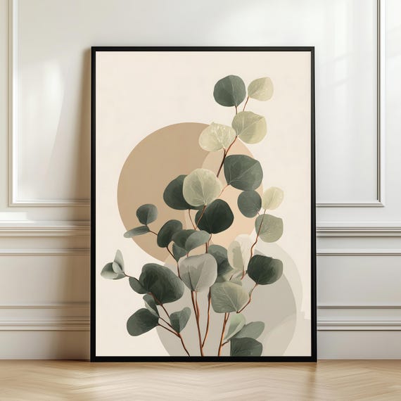 Japandi Leaves Wall Art Print Neutral Botanical Poster Sage Green Minimal Plant Decor Eucalyptus Nature Artwork Digital Download