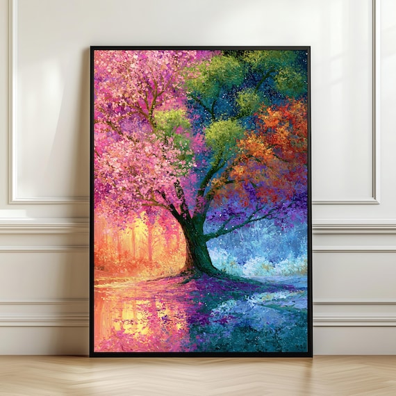 Enchanted Four Season Blossom Tree Vibrant Fantasy Landscape Wall Art